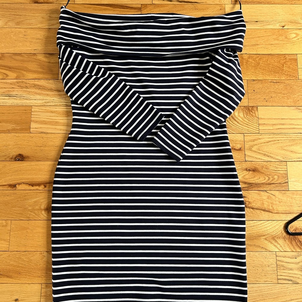 Michael Kors Navy and White Striped Off-Shoulder Long Sleeve Dress